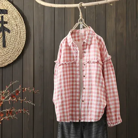 枫谜2021年秋装新款文艺韩版格子衬衫女宽松花边拼接衬衣休闲外套图片