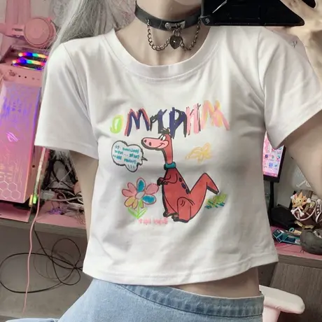 短款上衣女夏季新款ins潮韩版鬼马系趣味印花宽松学生露脐短袖t恤图片