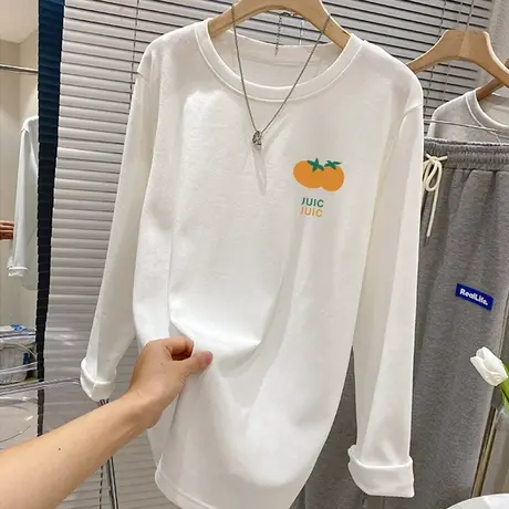 白色内搭秋冬加厚磨毛打底衫女中长款上衣2022秋装纯棉T恤女长袖商品大图