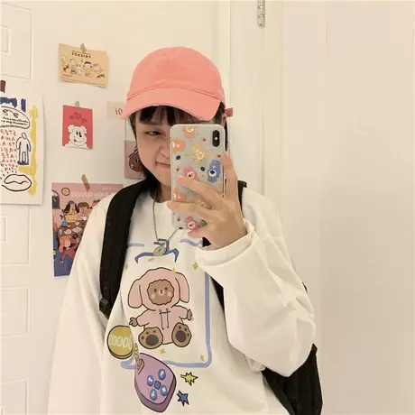 红续原创2020早秋新款韩版卡通可爱宽松纯棉圆领卫衣女薄款上衣图片