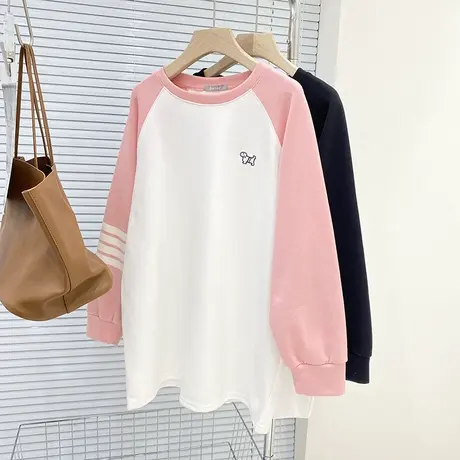 韩国百搭春款中长款卫衣女时尚爆款2023春秋宽松插肩袖拼色上衣商品大图