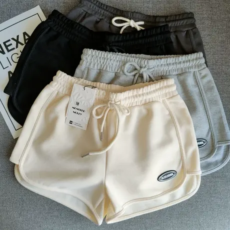 奶杏色运动短裤女夏美式街头字母贴标纯棉热裤三分裤抽绳休闲卫裤商品大图