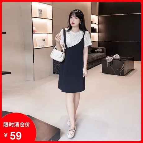 2023年夏季新款针织波点短袖上衣大码两件套显瘦胖mm不规则背带裙商品大图