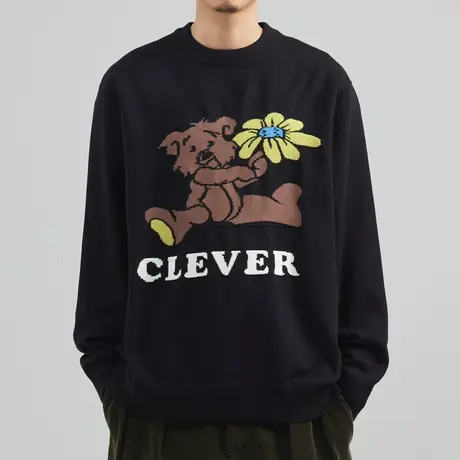 秋冬季男士圆领套头毛衣卡通提花韩版上衣针织衫宽松休闲毛线衣潮商品大图