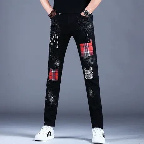 拼接破洞印花牛仔裤男高端潮牌黑色弹力百搭秋冬季2023新款休闲裤商品大图