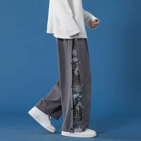 腰果花裤子高街ins潮牌运动裤男宽松直筒工装阔腿痞帅排扣拖地裤商品大图