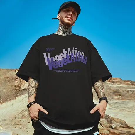 美式高街潮牌宽松T恤简约中短袖加肥加大五分袖纯棉大码男装夏季商品大图