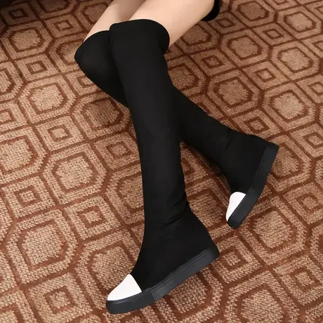 春秋季单靴长筒靴女过膝长靴显瘦内增高弹力靴保暖坡跟女靴高筒靴图片