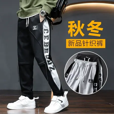 秋季春秋款潮牌运动卫裤男款束脚宽松紧腰针织印花休闲裤子青少年商品大图
