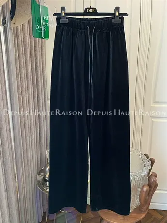 黑色丝绒加绒宽松百搭阔腿拖地裤长裤子女裤直筒显瘦2023秋冬新款商品大图