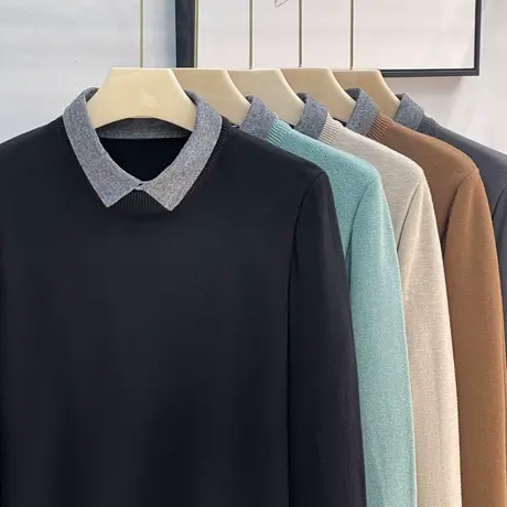 假两件毛衣男秋冬修身潮流衬衫领保暖针织衫2023新款商务带领毛衫图片