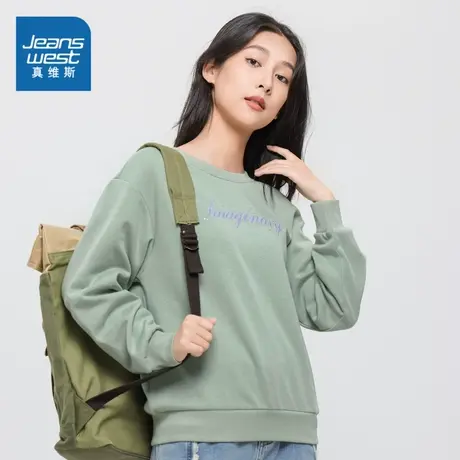 JW真维斯2023冬季新款女装棉混纺不倒绒圆领字母印花长袖微弹卫衣图片