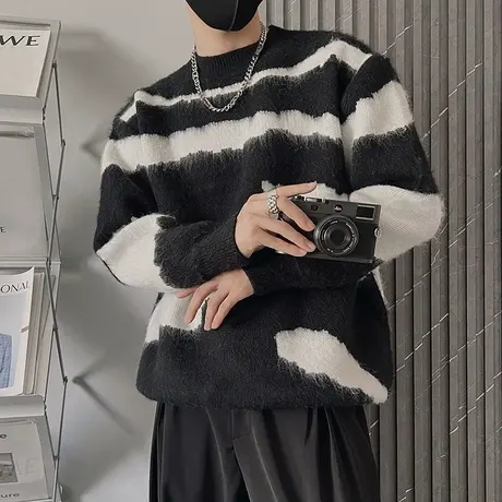 设计感撞色毛衣男冬季2023新款ins慵懒轻熟风宽松加厚针织衫上衣商品大图