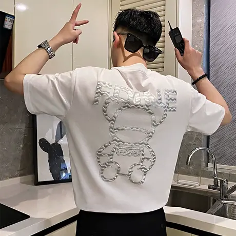 夏季男士潮流百搭情侣舒适高级设计小熊重磅短袖半截袖个性体恤商品大图