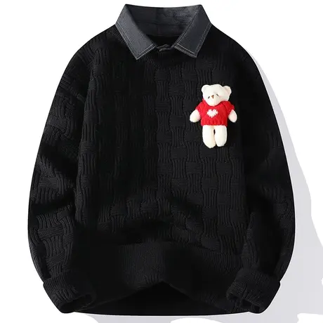 假两件毛衣男冬季加厚潮牌衬衫领针织衫男宽松休闲帅气毛线衣外套商品大图