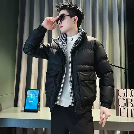 冬季潮牌棉衣男2023新款韩版修身格子拼接假两件工装立领拼接棉服图片
