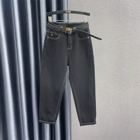 欧货个性刺绣牛仔裤女24春季新款黑色简约设计感高腰百搭哈伦裤潮图片