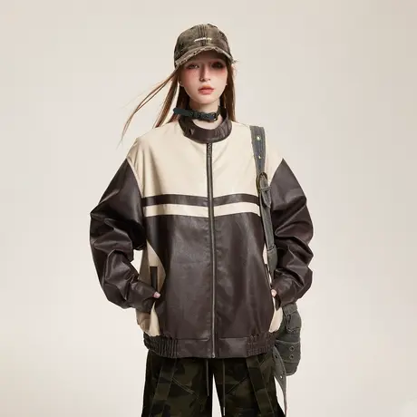 街头机车风潮牌立领拼接PU皮外套2024年春装新款复古宽松夹克上衣商品大图