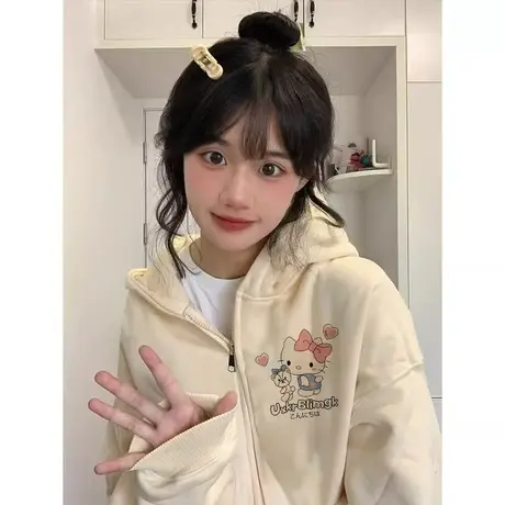 美式复古卫衣女秋冬季小个子宽松慵懒风连帽加绒加厚开衫拉链外套图片