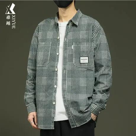 希越千鸟格休闲衬衫男2024春季新款宽松大码男士纯棉外套翻领夹克图片