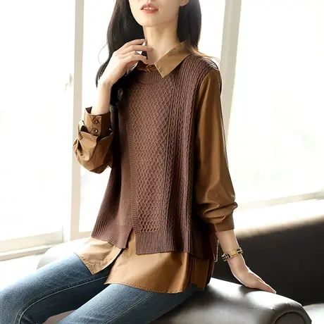 宝诗黎假两件针织拼接衬衫春季薄款上衣2024新款长袖时尚休闲女装商品大图