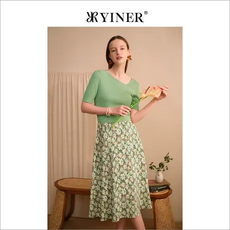 YINER音儿女装夏季设计感V领桑蚕丝印花收腰连衣裙商品大图