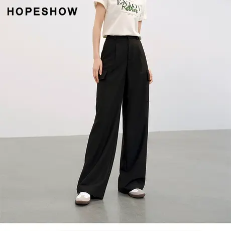 红袖山系户外风纯色阔腿裤hopeshow2024春季新款宽松工装休闲裤女商品大图