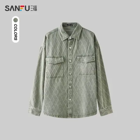 三福2024春季男士提花纯棉牛仔长衬衫 日系户外翻领上衣482238商品大图