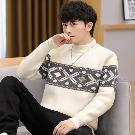 秋冬季水貂绒男士毛衣冬季线衣青少年学生刺绣打底针织衫保暖潮流商品大图