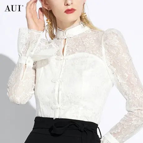 AUI白色新中式立领修身蕾丝衫女2024春夏新款气质小众喇叭袖上衣图片