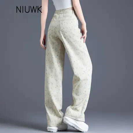 卡其色牛仔裤女潮流小碎花裤子女2024新款爆款今年流行直筒阔腿裤图片