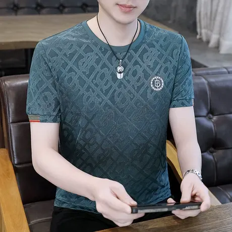 短袖T恤男士2024夏季新款冰丝半袖体恤休闲百搭加肥加大码上衣服商品大图