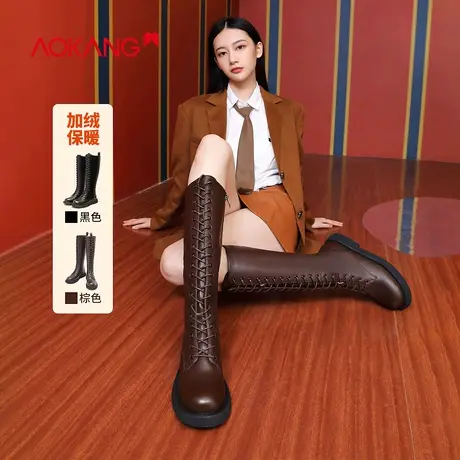 奥康长筒靴女春季2023新款黑色高筒骑士靴小个子增高马丁靴不过膝图片