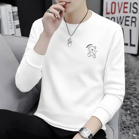 纯棉长袖t恤男圆领潮流小熊印花加绒加厚全棉秋冬内搭打底衫秋衣商品大图