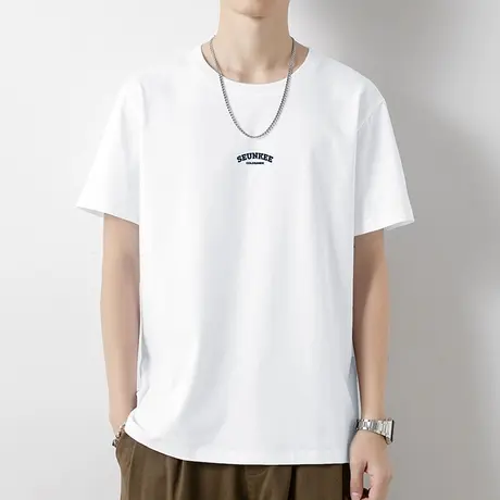 美式重磅纯棉短袖t恤男装夏季潮流白色上衣服全棉半袖圆领打底衫商品大图