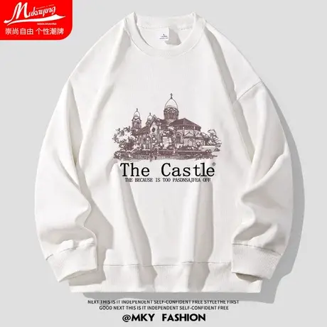 美式复古古典建筑印花卫衣男圆领宽松大码春秋款潮流街头套头长袖商品大图