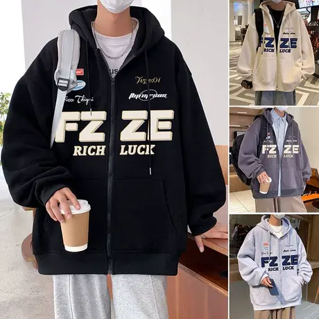 设计感vintage卫衣外套男春秋季休闲拉链开衫连帽国潮设计感上衣商品大图