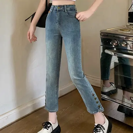 伊自尚2023年新款胖mm大码女装夏季新款高腰显瘦九分直筒牛仔裤女图片