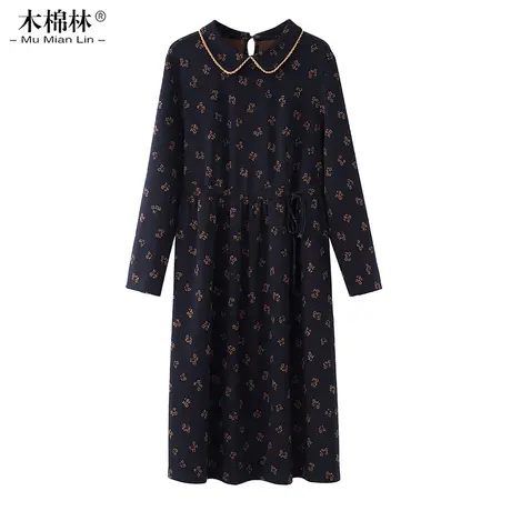 别致藏蓝色长袖连衣裙胖妹妹胖妈妈时尚气质宽松显瘦休闲打底亲肤商品大图