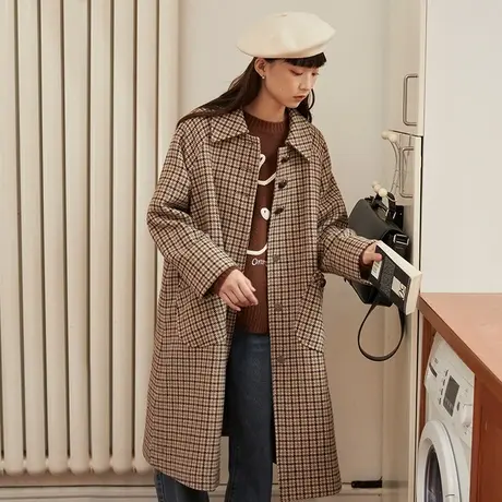 omont蛋挞家 复古千鸟格子毛呢外套女秋冬中长款过膝显瘦呢子大衣图片