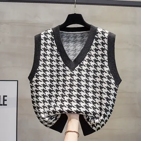 千鸟格v领针织马甲背心女2023秋装新款宽松外穿马夹叠穿毛衣坎肩商品大图