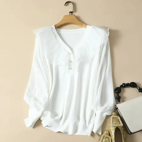 秋装2023年新款雪纺袖冰丝针织衫女长袖宽松上衣洋气蕾丝打底衫女商品大图