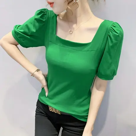 女装2023新款潮法式方领T恤女短袖夏时尚泡泡袖上衣洋气显瘦小衫商品大图