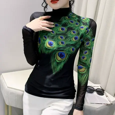 性感网纱T恤女长袖2023春秋新款内搭半高领打底衫加绒印花上衣ins商品大图