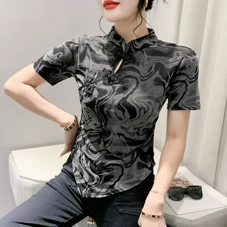 复古立领盘扣短袖T恤女时尚不规则开叉小衫夏扎染印花设计感上衣商品大图