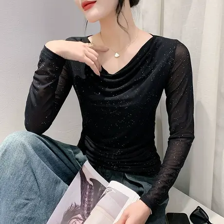性感网纱打底衫女春秋2023新款设计感褶皱上衣时尚闪亮点T恤长袖商品大图