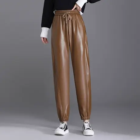 PU皮哈伦裤女休闲裤2023秋冬季新款高腰皮裤松紧腰小脚裤外穿裤子图片