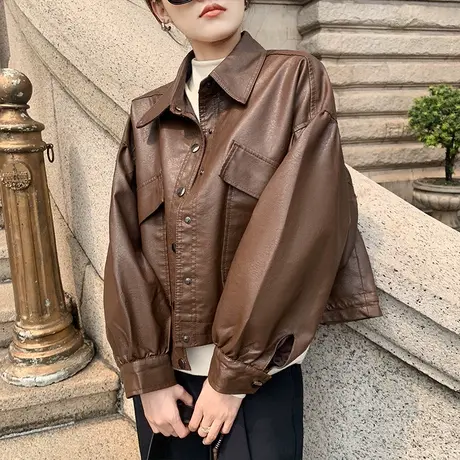 今年流行皮衣咖色翻领pu皮衣外套女小个子2023年新款设计感时尚酷图片
