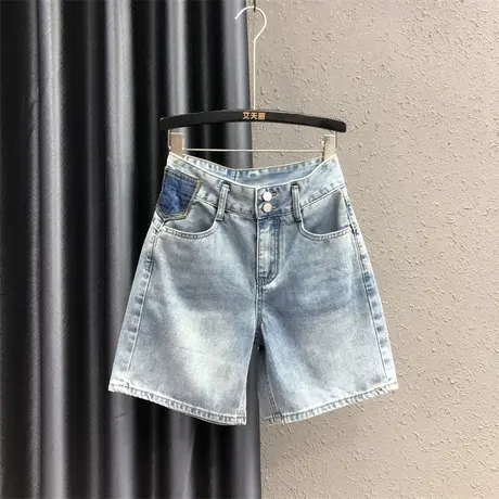 2023夏季新款撞色口袋设计感宽松百搭牛仔五分裤女高腰显瘦阔腿裤图片