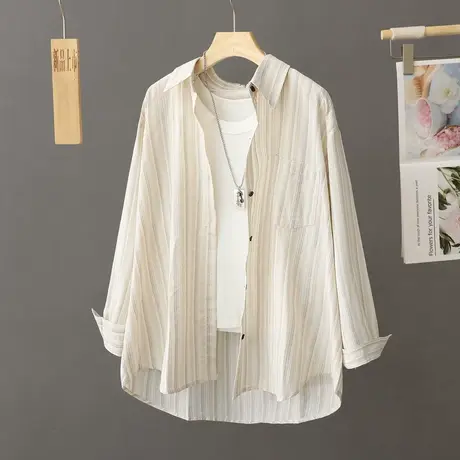 2023年新款初秋季休闲条纹防晒衬衫外套女装衬衣宽松洋气长袖上衣图片